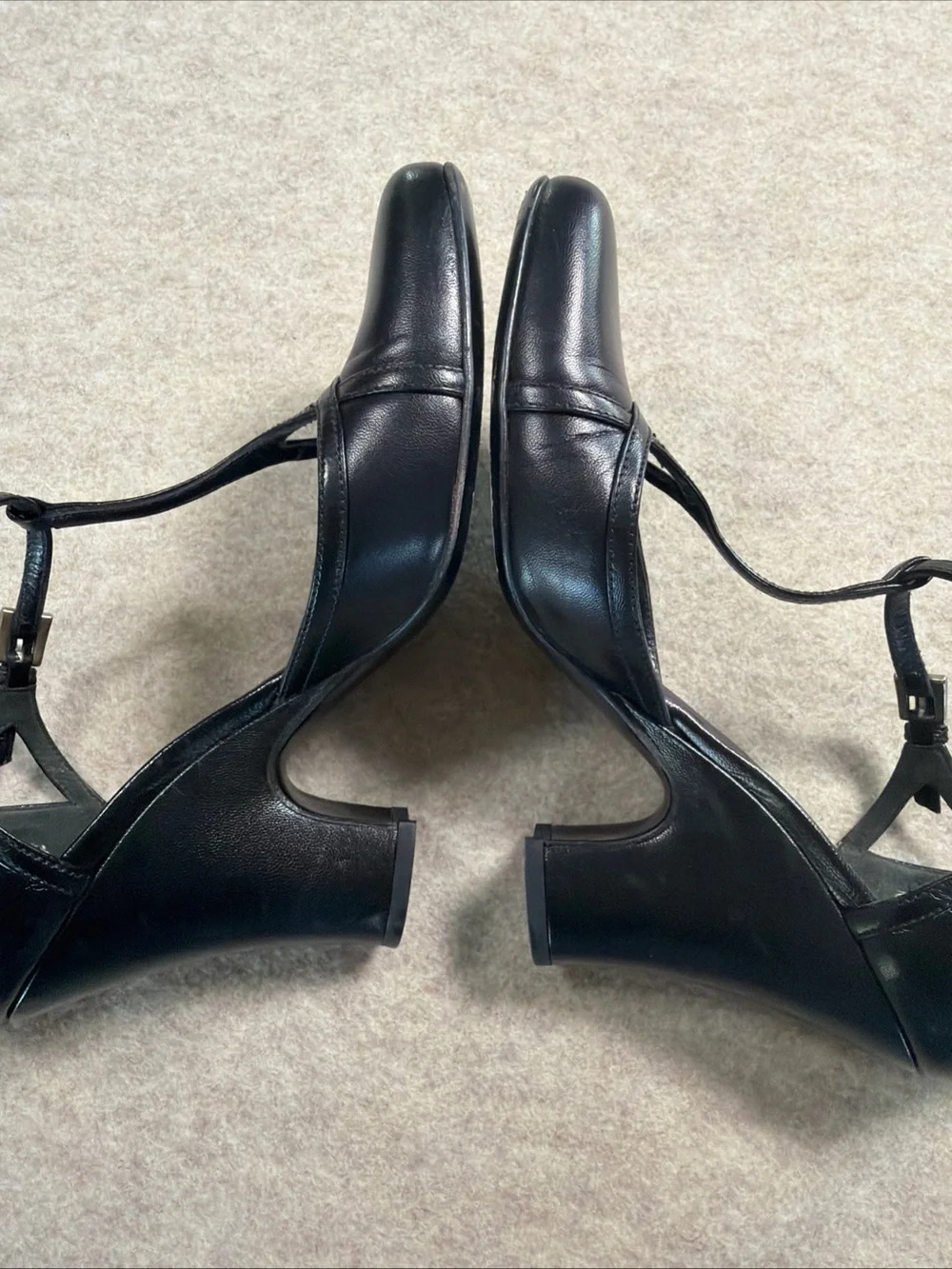 Prada Black Leather T-Strap Block Heel Pumps